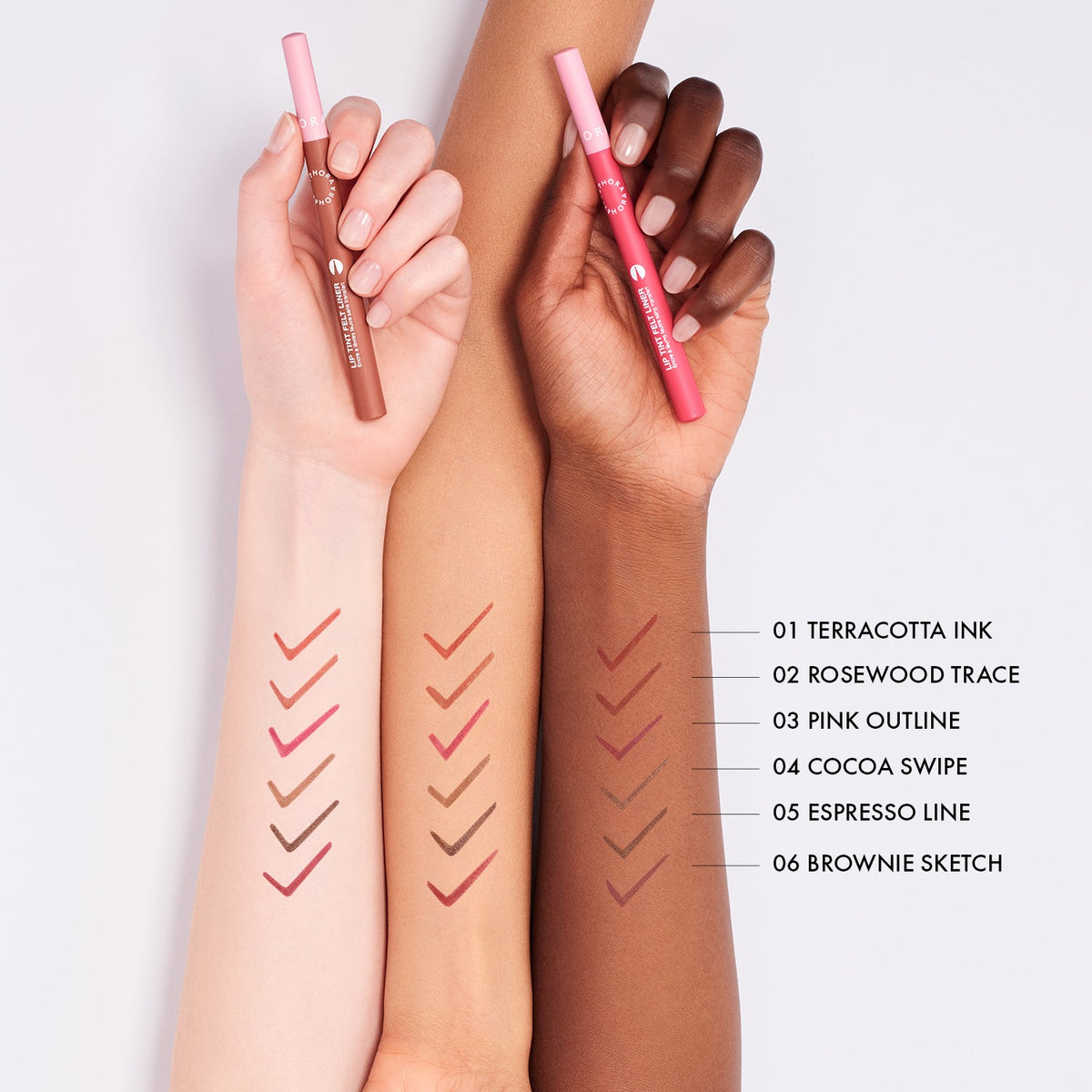 SEPHORA COLLECTION Lip Tint Felt Liner – shade swatches on multiple skin tones
